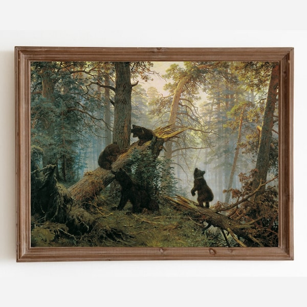 Vintage Bär Kunstdruck: Waldlandschaft Gemälde (Digitaler Download)