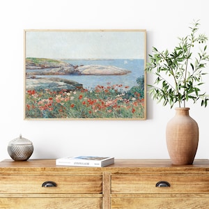 Coastal Floral Landscape Print, Vintage Seascape Painting, Rocky Beach Print, Seascape Flowers, Landscape Oil Painting, Ocean Printable Art image 6