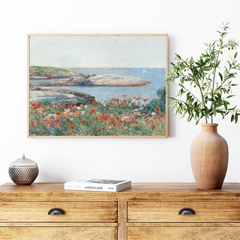 Coastal Floral Landscape Print, Vintage Seascape Painting, Rocky Beach Print, Seascape Flowers, Landscape Oil Painting, Ocean Printable Art image 6