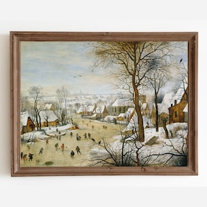 Winter Village Painting, Vintage Snow Landscape Art Digital Download