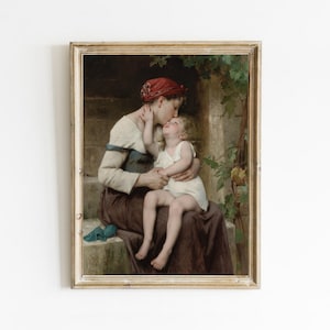 母性アートプリント、ヴィンテージの母と子の絵画、保育園のアート、印刷可能な壁アート、デジタルダウンロード可能なアート