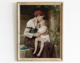 子供の絵画(プリント)　ヴィンテージ 母と娘の絵画、デジタルダウンロードヴィンテージウォールアート