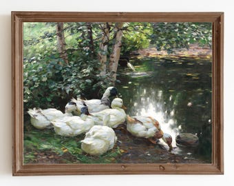 Pintura vintage de pato: Paisaje primaveral imprimible (descarga digital)