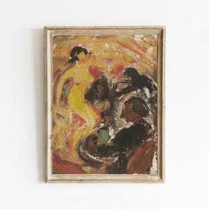 Puede incluir: Pintura abstracta en un marco dorado. La obra presenta figuras en tonos amarillos, negros y rojos. Las pinceladas son visibles, creando un efecto texturizado. La pintura evoca una sensación de movimiento y energía.