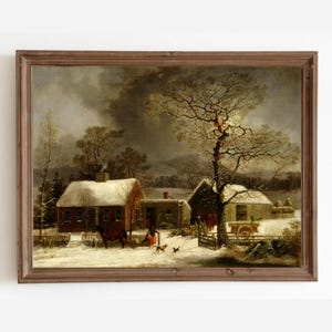 Vintage Winter Farm Painting: Snowy Landscape Art (Digital Download)