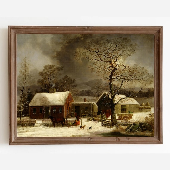 Vintage Winter Farm Painting: Snowy Landscape Art (Digital Download)