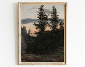 Forest Oil Painting, Vintage Pine Tree Print, Rustic Nature Art Decor, Digital Printable Art