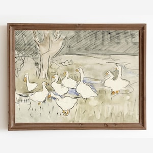 Vintage Enten-Kinderzimmerdekor, Entenkunstdruck, Bauernhausdekor, antike Entenmalerei, Tierwandkunstdrucke, herunterladbare druckbare Kunst