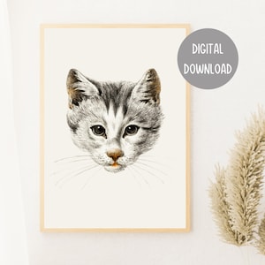 May include: A black and white illustration of a cat's face. The cat has a white stripe on its forehead and a white patch on its chin. The cat's eyes are closed.
