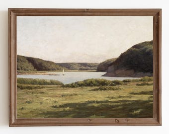 Vintage Lake Landscape Painting: Rustic Farmhouse Wall Art (Digital Download)