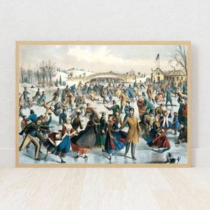 May include: A vintage illustration depicting a group of people ice skating on a frozen lake. The scene is set in a winter landscape with a bridge in the background. The people are dressed in colorful clothing and are enjoying themselves on the ice.