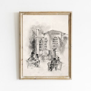 Vintage Paris Cafe Sketch Art, Cityscape Print, Minimalist Wall Art, Neutral Drawing, Printable Art