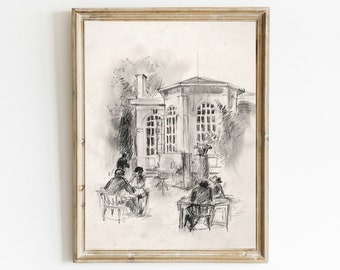 Vintage Paris Cafe Sketch Art, Cityscape Print, Minimalist Wall Art, Neutral Drawing, Printable Art