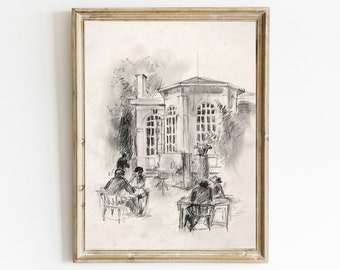 Vintage Paris Cafe Sketch Art Print: Minimalist Cityscape (Digital Download)