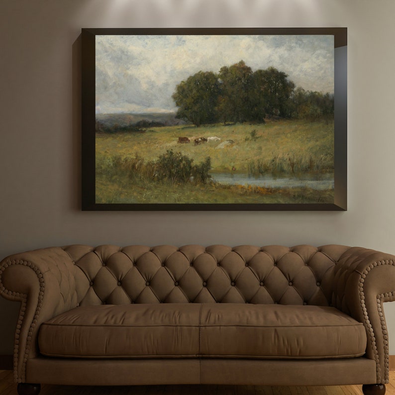 Country Landscape Print, Vintage Oil Painting, Meadow Painting, Farmhouse Decor, Antique Wall Art, Landscape Painting, Printable Wall Art image 5