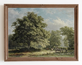 ヴィンテージ　版画　絵画　大きい絵　木立の絵　林の絵 風景油絵 / オークの木の絵 / 印刷可能な壁アート / ビンテージ