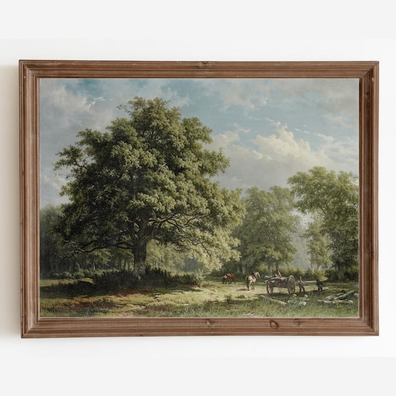 Vintage Oak Tree Landscape Oil Painting: Farmhouse Wall Art (Digital Print)