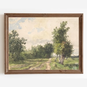 Vintage Farmhouse Landscape Oil Painting: Country Trees Art (Digital Download)