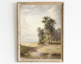 Sommarlandskapsmålning, Vintagekonsttryck, Lantlig bondgårdsinredning, Utskrivbar konst, Digitala tryck