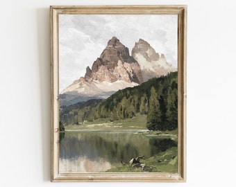 Rustikt bergslandskapskonsttryck: Väggdekoration i vintagestuga (digital nedladdning)