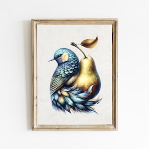 Vintage Bird and Pear Still Life Painting (Digital Download)