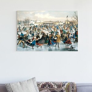 May include: A vintage illustration depicting a winter scene of people ice skating on a frozen lake. The scene is filled with people of all ages, dressed in colorful clothing, enjoying the winter activity. The illustration is painted in a realistic style with detailed figures and a snowy background.