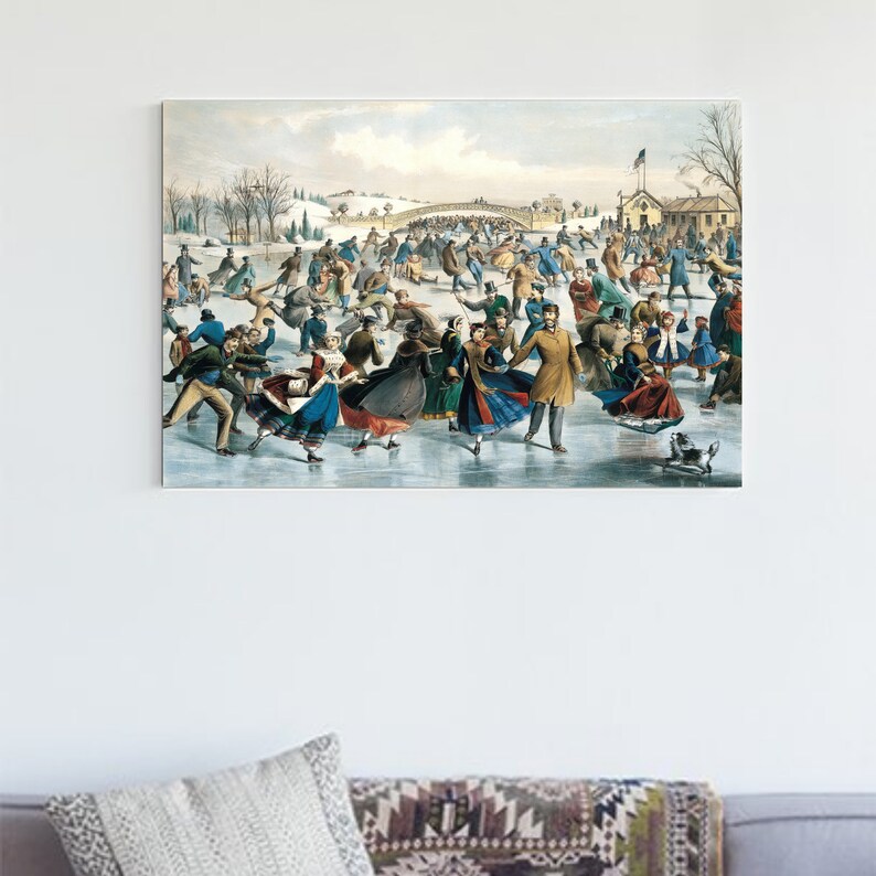 May include: A vintage illustration depicting a winter scene of people ice skating on a frozen lake. The scene is filled with people of all ages, dressed in colorful clothing, enjoying the winter activity. The illustration is painted in a realistic style with detailed figures and a snowy background.