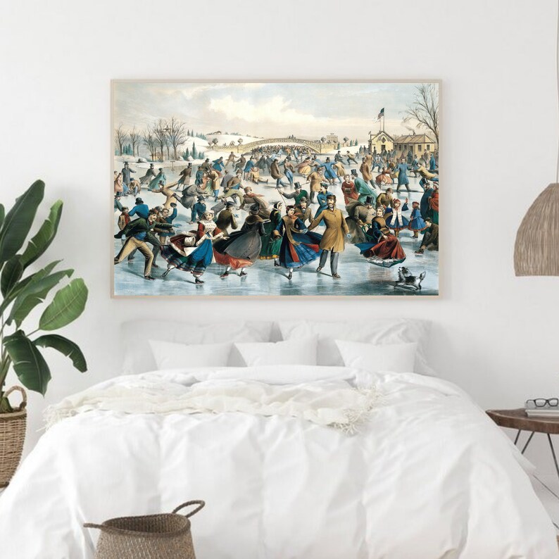 May include: A vintage illustration depicting a crowded outdoor ice skating rink in the winter. People of all ages are skating, some holding hands, others laughing and enjoying the activity. The scene is set against a backdrop of snow-covered trees and a bridge in the distance.