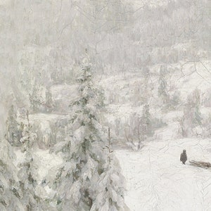 Peut inclure: Une peinture de paysage d'hiver enneig&eacute; avec une seule figure marchant au loin. Au premier plan, un groupe d'arbres toujours verts couverts de neige.