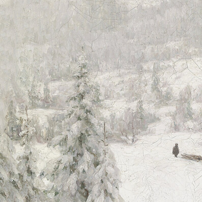 Peut inclure: Une peinture de paysage d'hiver enneig&eacute; avec une seule figure marchant au loin. Au premier plan, un groupe d'arbres toujours verts couverts de neige.