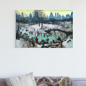 May include: A vintage illustration depicting a snowy scene in Central Park, New York City. People are ice skating on a frozen pond, with a bridge and tall buildings in the background. The sky is a pale blue with a hint of yellow.