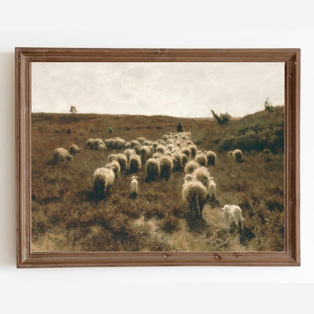 Vintage Sheep Landscape Painting: Farmhouse Art Print (digital Print ...