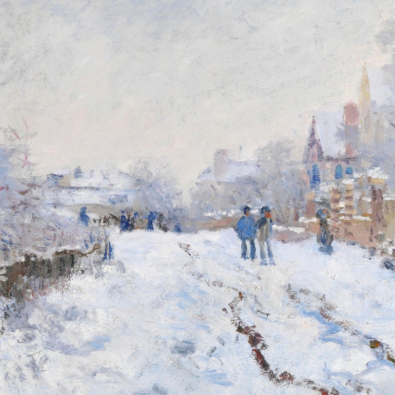 Pu&ograve; includere: Un dipinto che rappresenta una scena di strada innevata con due figure che camminano in primo piano. Gli edifici sullo sfondo sono coperti di neve e ci sono alberi su entrambi i lati della strada.