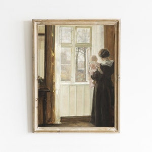 母と子の絵画、ヴィンテージの保育園のプリント、女性の肖像画、母性の油絵、農家の装飾、デジタル印刷可能な美術