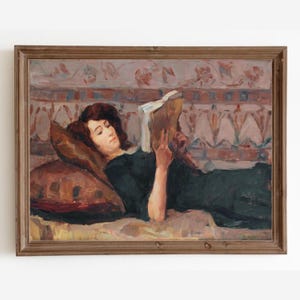 Woman Portrait Painting, Vintage Art Print, Reading Wall Art, Vintage Book Art, Woman Reading Painting, Bedroom Wall Decor, Printable Art