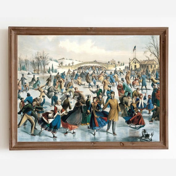 Vintage Central Park Ice Skating Print, Snowy Winter Landscape Digital Download