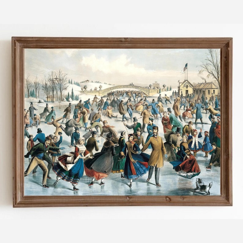 Vintage Central Park Ice Skating Print, Snowy Winter Landscape Digital Download image 1