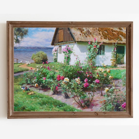 Vintage Cottage Oil Painting: Floral Rose Garden Art Print (Digital Download)