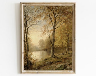 Pintura de paisaje otoñal vintage: Decoración rústica otoñal, pintura al óleo de árboles (descarga digital)