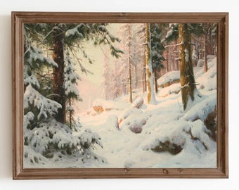 Vintage Winter Landscape Print, Snowy Tree Painting Digital Download