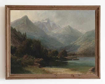 Vintagemålning av bergslandskap: Rustik stugdekor (digital nedladdning)