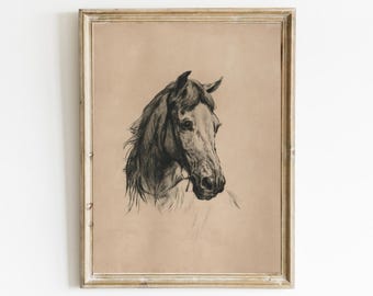 May include: A black and white drawing of a horse's head in a simple wooden frame. The horse is looking to the right and has a long mane.