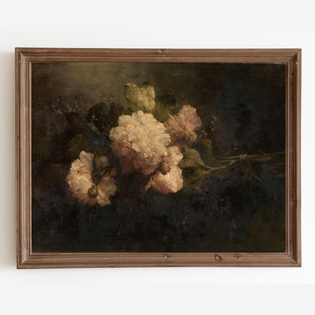 Moody Still Life Flower Art Print, Vintage Peonies Oil Painting, Dark ...