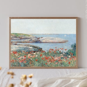 Coastal Floral Landscape Print, Vintage Seascape Painting, Rocky Beach Print, Seascape Flowers, Landscape Oil Painting, Ocean Printable Art image 7