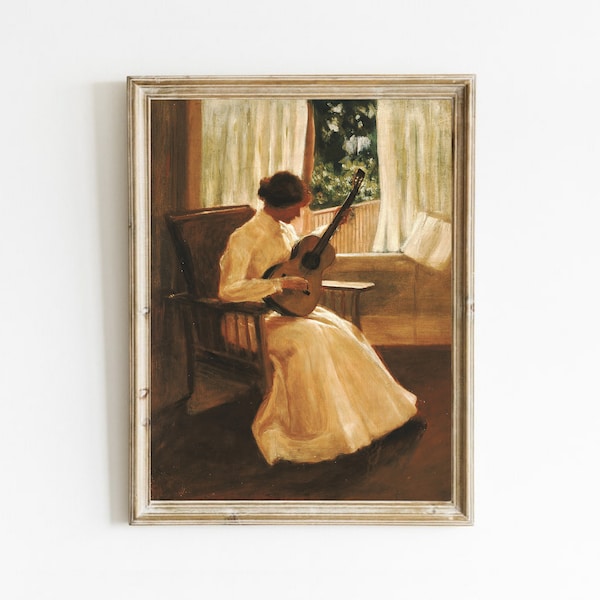 Woman Portrait Painting, Vintage Wall Art Print, Woman Playing A Guitar, Antique Painting, Music Room Decor, Guitar Painting, Printable Art