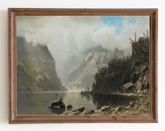 Dipinto di lago d'epoca, stampa di paesaggio montano rustico, decorazione murale antica, arte stampabile, arte scaricabile