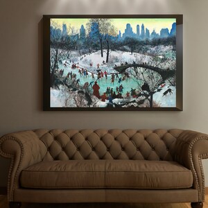 May include: A vintage painting depicting a winter scene in Central Park, London. The painting shows a frozen pond with people ice skating, a bridge in the background, and a cityscape skyline.