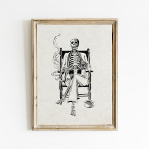Rauchendes Skelett Zeichnung, Vintage Druck, Rauchendes Skelett Kunstdruck, Halloween Dekor, Dark Academia Poster, Halloween Drucke