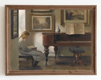 Antique Girl Reading Art Print: Vintage Piano Painting (Digital Download)