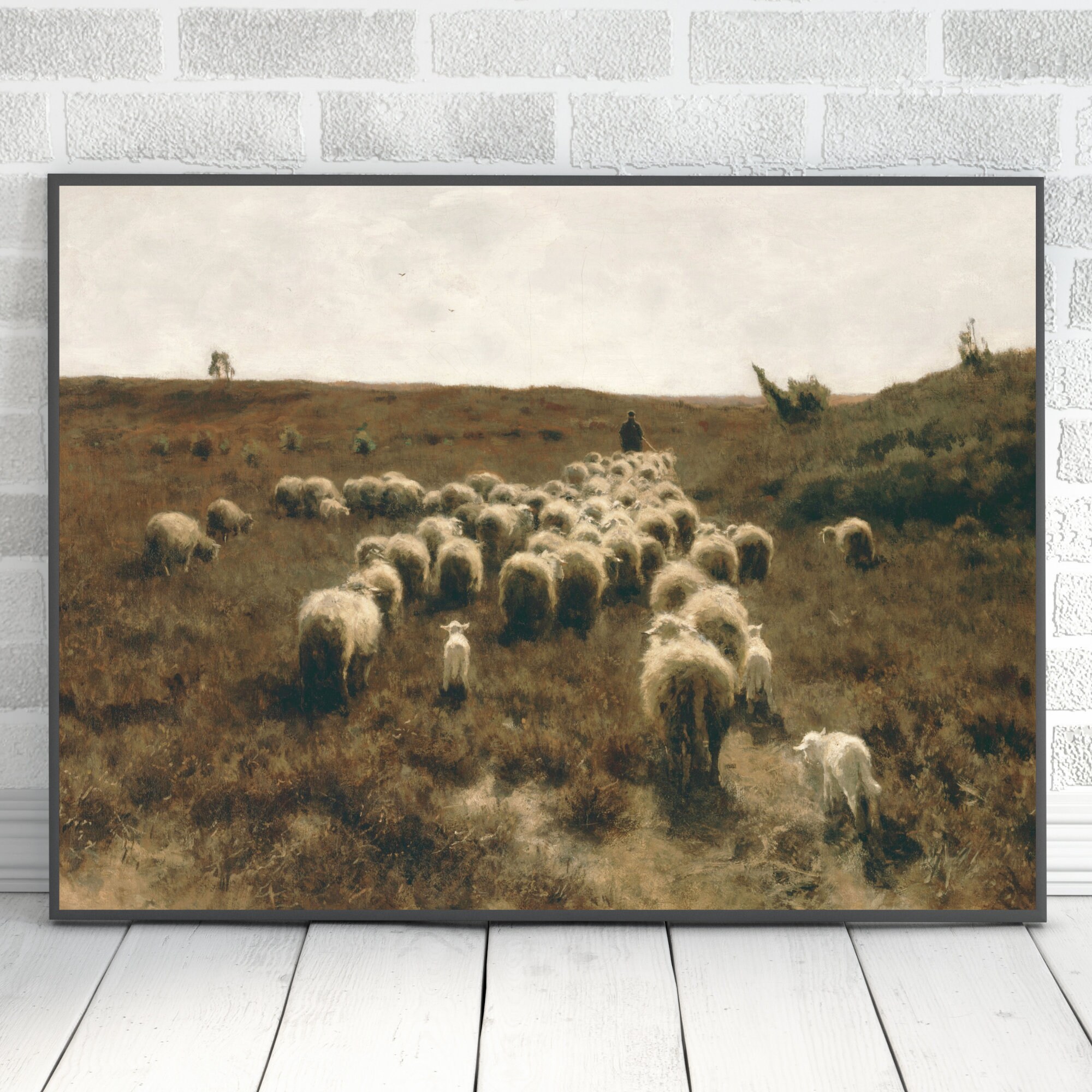 Vintage Sheep Landscape Painting: Farmhouse Art Print (digital Print ...
